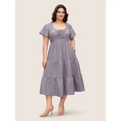 Bloomchic Women's Plus Size Plain Ruched Drawstring Pocket Ruffle Tiered Dress Lilac Solid Midi Elegant Smocke In Purple