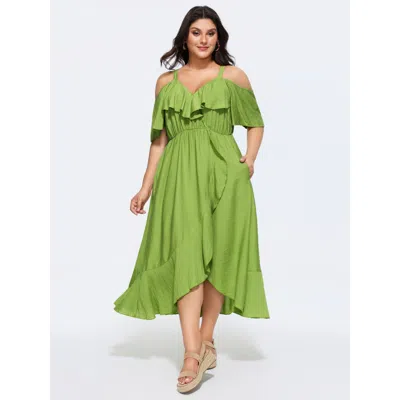 Bloomchic Women's Plus Size Plain Ruffle Cold Shoulder Pocket Midi Dress Springgreen Solid Midi Elegant 12/l
