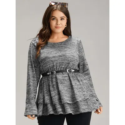 Bloomchic Women's Plus Size Plain Ruffle Layered Hem T-shirt Gray Long Sleeve Dailywear 14-16/1x