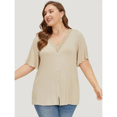 Bloomchic Women's Plus Size Plain Ruffle Sleeve Button Detail Lace Trim T-shirt Champagne Short Sleeve Dailywe In Gold