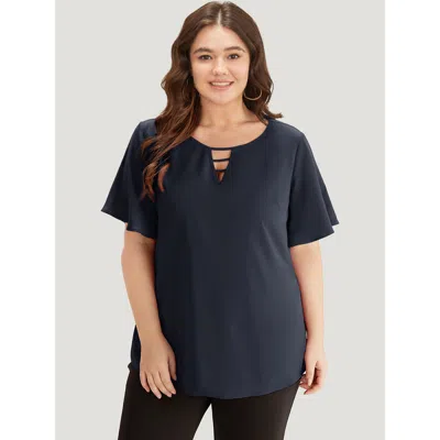 Bloomchic Women's Plus Size Plain Ruffle Sleeve Cut Out Blouse Indigo Office Short Sleeve 10/m In Purple