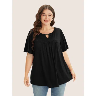 Bloomchic Women's Plus Size Plain Ruffle Sleeve Keyhole Gathered Crew Neck T-shirt Black Casual 10/m