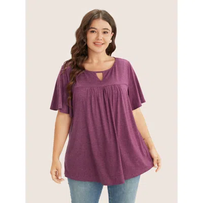 Bloomchic Women's Plus Size Plain Ruffle Sleeve Keyhole Gathered Crew Neck T-shirt Redviolet Casual 10/m