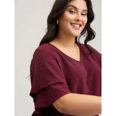 Bloomchic Women's Plus Size Plain Ruffle Tiered Sleeve V Neck Polka Dot Blouse Burgundy Solid Elegant Short Sl