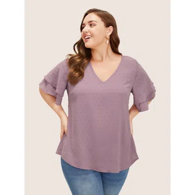 Bloomchic Women's Plus Size Plain Ruffle Tiered Sleeve V Neck Polka Dot Blouse Mauve Solid Elegant Short Sleev In Purple