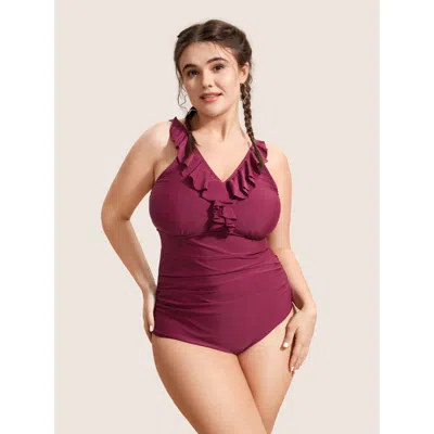 Bloomchic Women's Plus Size Plain Ruffle Trim Gathered Sleeveless One Piece Swimsuit Redviolet Non Gathered Ad