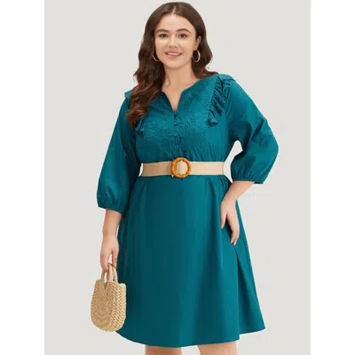 Bloomchic Women's Plus Size Plain Ruffle Trim Lantern Sleeve Dress Cerulean Dailywear Elastic Cuffs 14-16/1x In Blue