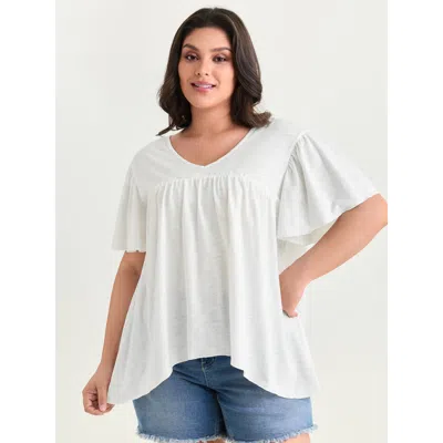 Bloomchic Women's Plus Size Plain Ruffled Sleeve Relaxed-fit T-shirt Whitesmoke Solid Casual Short Sleeve V-ne