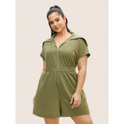 Bloomchic Women's Plus Size Plain Sailor Collar Half Zip Jumpsuit Moss Everyday 10/m In Green