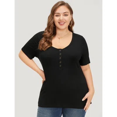 Bloomchic Women's Plus Size Plain Scoop Neck Button Through Rib Knit T-shirt Black Dailywear Short Sleeve 10/m