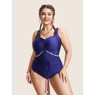 Bloomchic Women's Plus Size Plain Shell Detail Gathered One Piece Swimsuit Indigo Non Wraparound Straps Adapti In Purple