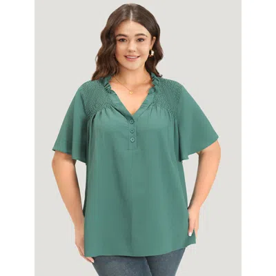 Bloomchic Women's Plus Size Plain Shirred Button Through Frill Trim Stand Collar Blouse Aegean Dailywear Short In Blue