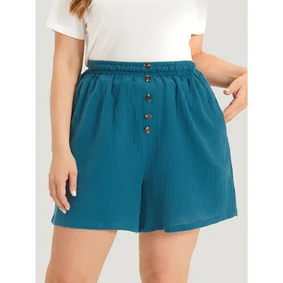 Bloomchic Women's Plus Size Plain Shirred Pocket Button Detail Shorts Cyan Dailywear Texture Shorts 12/l In Blue