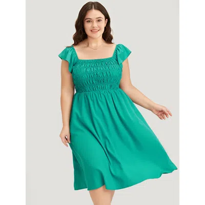 Bloomchic Women's Plus Size Plain Shirred Square Neck Pocket Cap Sleeve Dress Emerald Dailywear Pocket 30/6x In Green