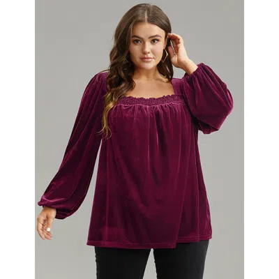 Bloomchic Women's Plus Size Plain Shirred Square Neck T-shirt Burgundy Long Sleeve Dailywear 12/l
