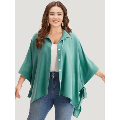 Bloomchic Women's Plus Size Plain Shirt Collar Asymmetrical Hem Bowknot Kimono Emerald Drape 12/l In Green