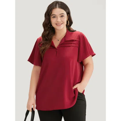 Bloomchic Women's Plus Size Plain Shirt Collar Button Detail Pleated Blouse Scarlet Office Short Sleeve 14-16/ In Red