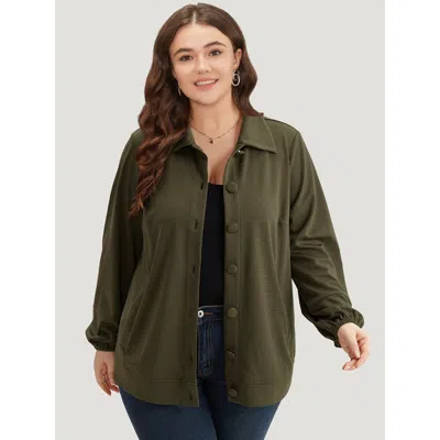 Bloomchic Women's Plus Size Plain Slant Pocket Button Up Elastic Cuffs Jacket Armygreen Elastic Cuffs 12/l