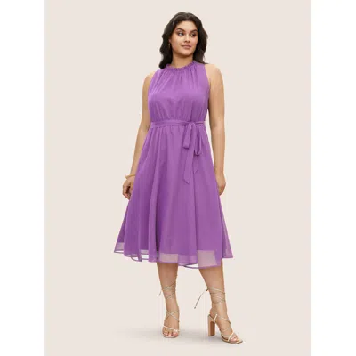 Bloomchic Women's Plus Size Plain Sleeveless Frill Trim Pocket Belted Mock Neck Dress Lilac Solid Midi Office  In Purple