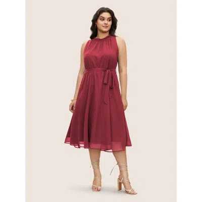 Bloomchic Women's Plus Size Plain Sleeveless Frill Trim Pocket Belted Mock Neck Dress Scarlet Solid Midi Offic In Red