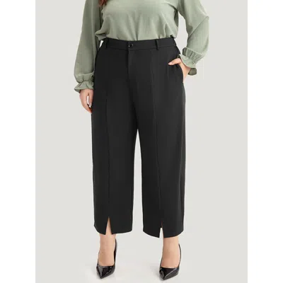 Bloomchic Women's Plus Size Plain Split Front Pleated Pants Black High Rise Office 10/m