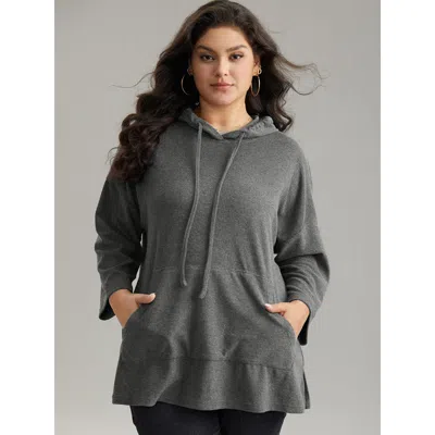 Bloomchic Women's Plus Size Plain Split Side Pocket Hooded Drawstring Sweatshirt Gray Plain Everyday 10/m