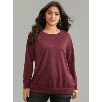 Bloomchic Women's Plus Size Plain Stitch Raglan Sleeve Round Neck Sweatshirt Burgundy Plain Everyday 12/l