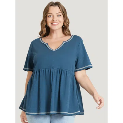 Bloomchic Women's Plus Size Plain Stitch Trim Notched Flutter Hem T-shirt Indigo Short Sleeve Dailywear 10/m In Purple