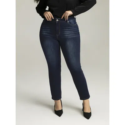 Bloomchic Women's Plus Size Plain Straight Leg Pocket High Rise Jeans Darkblue Plain Plain High Stretch 10/m In Blue