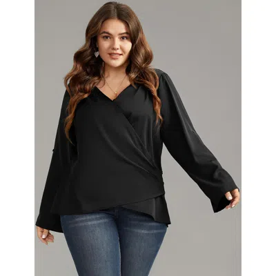 Bloomchic Women's Plus Size Plain Tab Sleeve Wrap Pleated Blouse Black Office Long Sleeve 18-20/2x