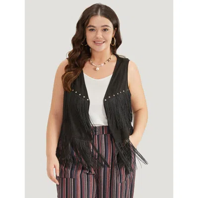 Bloomchic Women's Plus Size Plain Tassel Trim Rivets Sleeveless Vest Black Tassels 12/l