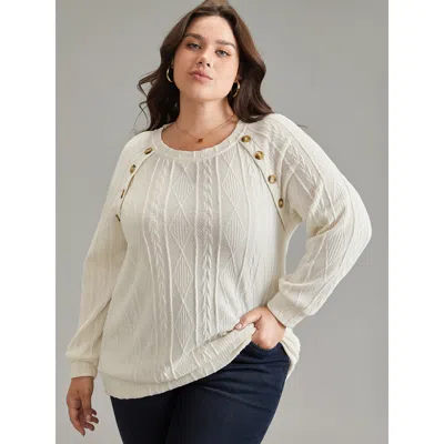 Bloomchic Women's Plus Size Plain Texture Button Detail Knit Sweatshirt White Plain Dailywear 18-20/2x