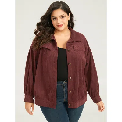 Bloomchic Women's Plus Size Plain Texture Button Through Gathered Jacket Maroon Texture 18-20/2x In Burgundy