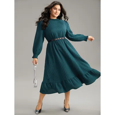 Bloomchic Women's Plus Size Plain Texture Elastic Waist Frill Trim Shirred Dress Emerald Office Texture 10/m In Green