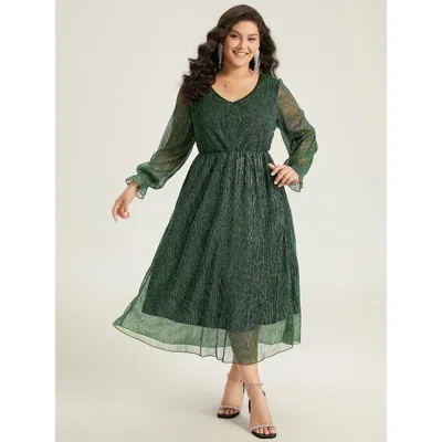 Bloomchic Women's Plus Size Plain Texture Elastic Waist Shirred Mesh Dress Darkgreen Party Texture 10/m In Green