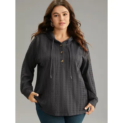 Bloomchic Women's Plus Size Plain Texture Hooded Jacquard Sweatshirt Gray Plain Dailywear 10/m