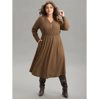 Bloomchic Women's Plus Size Plain Texture Jacquard Button Detail Pocket Dress Chocolate Dailywear Texture 14-1 In Brown