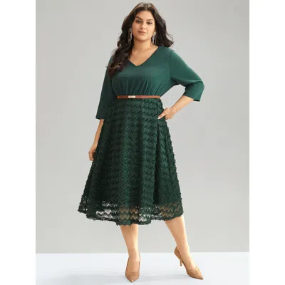 Bloomchic Women's Plus Size Plain Texture Mesh Patchwork Elastic Waist Dress Darkgreen Festival-christmas Text In Green