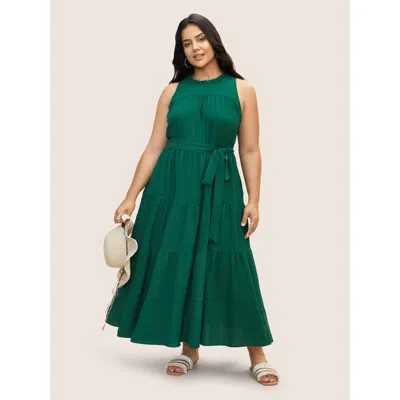 Bloomchic Women's Plus Size Plain Textured A-line Frill Trim Dress Emerald Solid Maxi Vacation Ruffles 10/m In Green