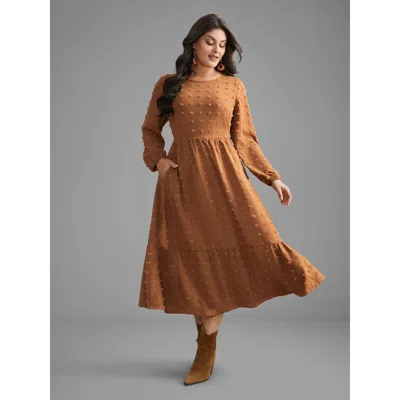 Bloomchic Women's Plus Size Plain Textured Crew Neck Midi Dress Yellowishbrown Synthetic Texture Midi Vacation