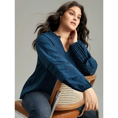 Bloomchic Women's Plus Size Plain Textured Cut Out Frill Trim Lantern Sleeve Blouse Aegean Office Long Sleeve  In Blue