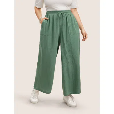 Bloomchic Women's Plus Size Plain Textured Drawstring Wide Leg Pants Emerald Non Wide Leg Mid Rise Everyday 10 In Green