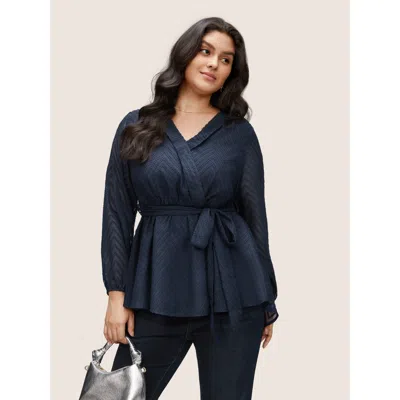 Bloomchic Women's Plus Size Plain Textured High Low Hem Ties Blouse Indigo Office Long Sleeve 30/6x In Purple