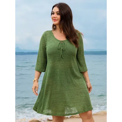 Bloomchic Women's Plus Size Plain Textured Keyhole Neckline Knit Mini Dress Truegreen Vacation Knee Length Lac