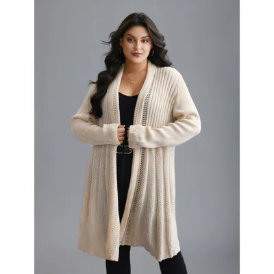 Bloomchic Women's Plus Size Plain Textured Kimono Collar Cardigan Apricot Long Sleeve V-neck 10/m In Orange