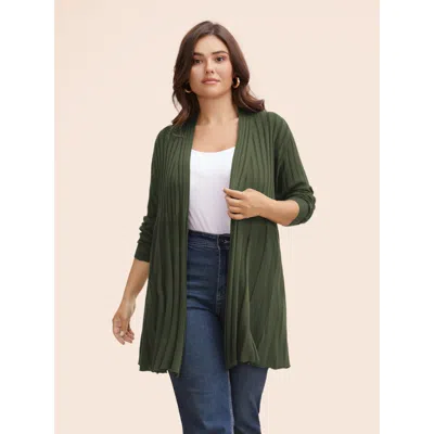 Bloomchic Women's Plus Size Plain Textured Kimono Collar Cardigan Armygreen Long Sleeve V-neck 10/m