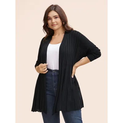 Bloomchic Women's Plus Size Plain Textured Kimono Collar Cardigan Black Long Sleeve V-neck 12/l