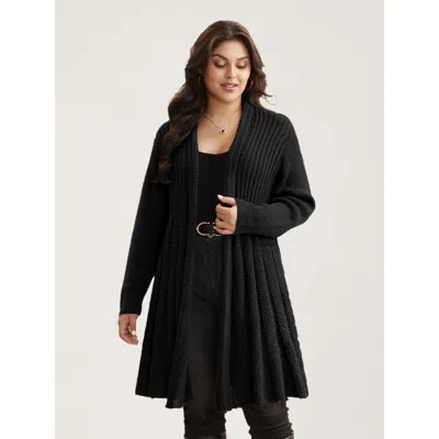 Bloomchic Women's Plus Size Plain Textured Kimono Collar Cardigan Black Long Sleeve V-neck 12/l
