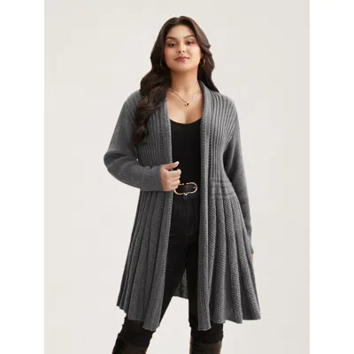 Bloomchic Women's Plus Size Plain Textured Kimono Collar Cardigan Mediumgray Long Sleeve V-neck 10/m