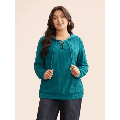 Bloomchic Women's Plus Size Plain Textured Lace Up Hooded Sweatshirt Teal Everyday 18-20/2x In Blue